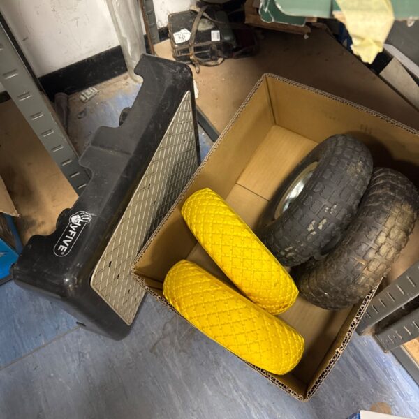 Yellow sack barrow tyres and Hyfive access step for garden use.