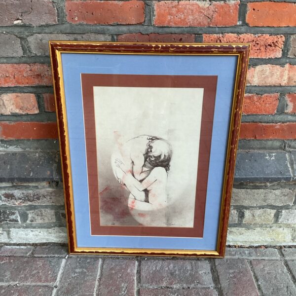 Sally Tombs pen and wash drawing of embracing lovers, vintage artwork.