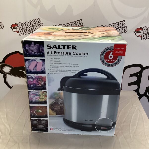Salter 6L pressure cooker, front view, kitchen appliance.