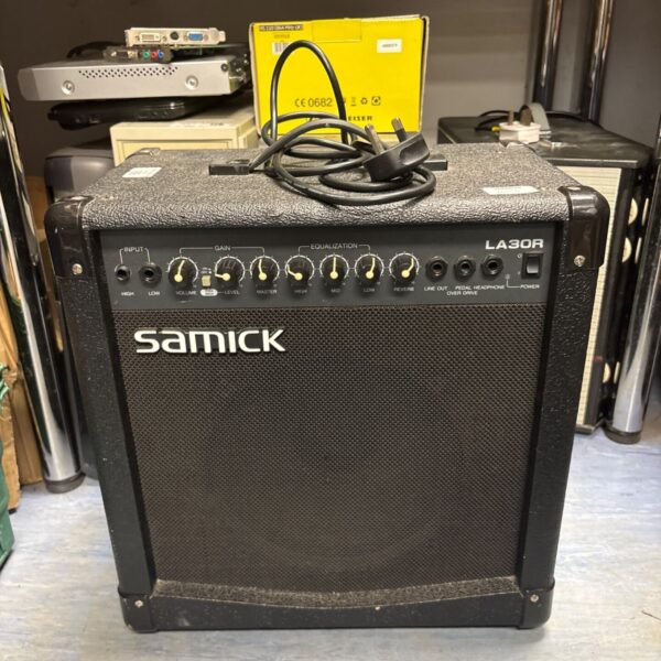 Black Samick LA30R guitar amplifier with control panel visible.