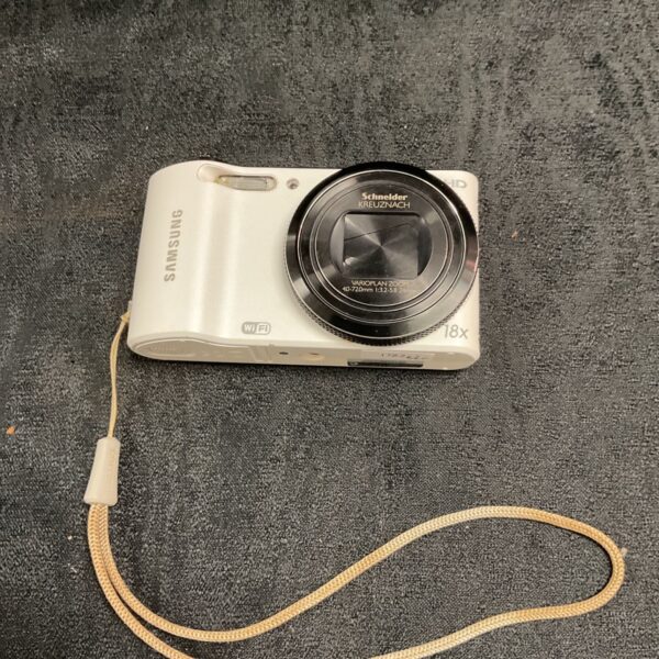 White Samsung WB150F digital camera with 18x zoom lens.