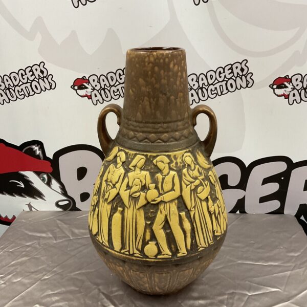 Vintage West German pottery floor vase with market scene relief.