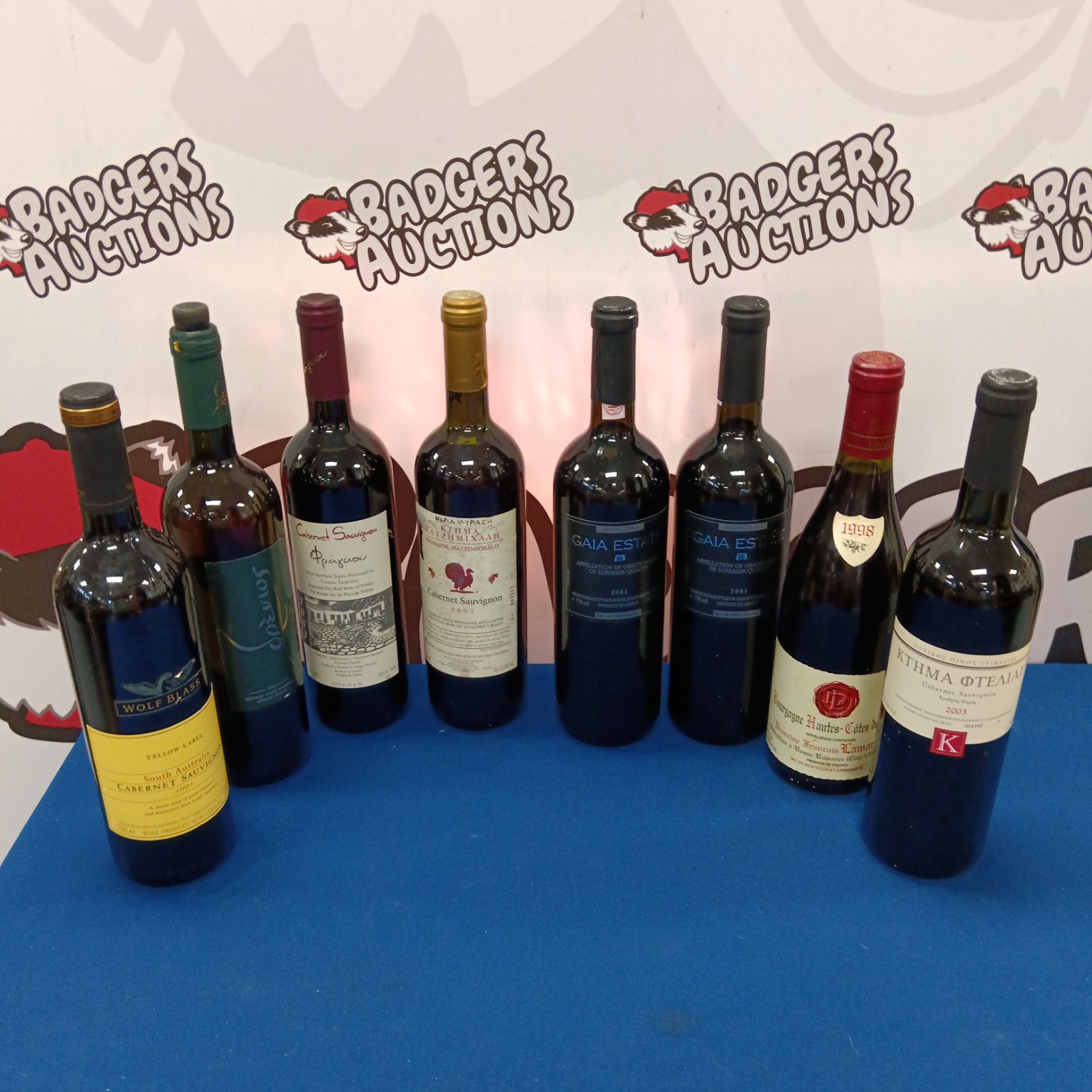 Sealed wine collection featuring Wolf Blass and Gaia Estate bottles.