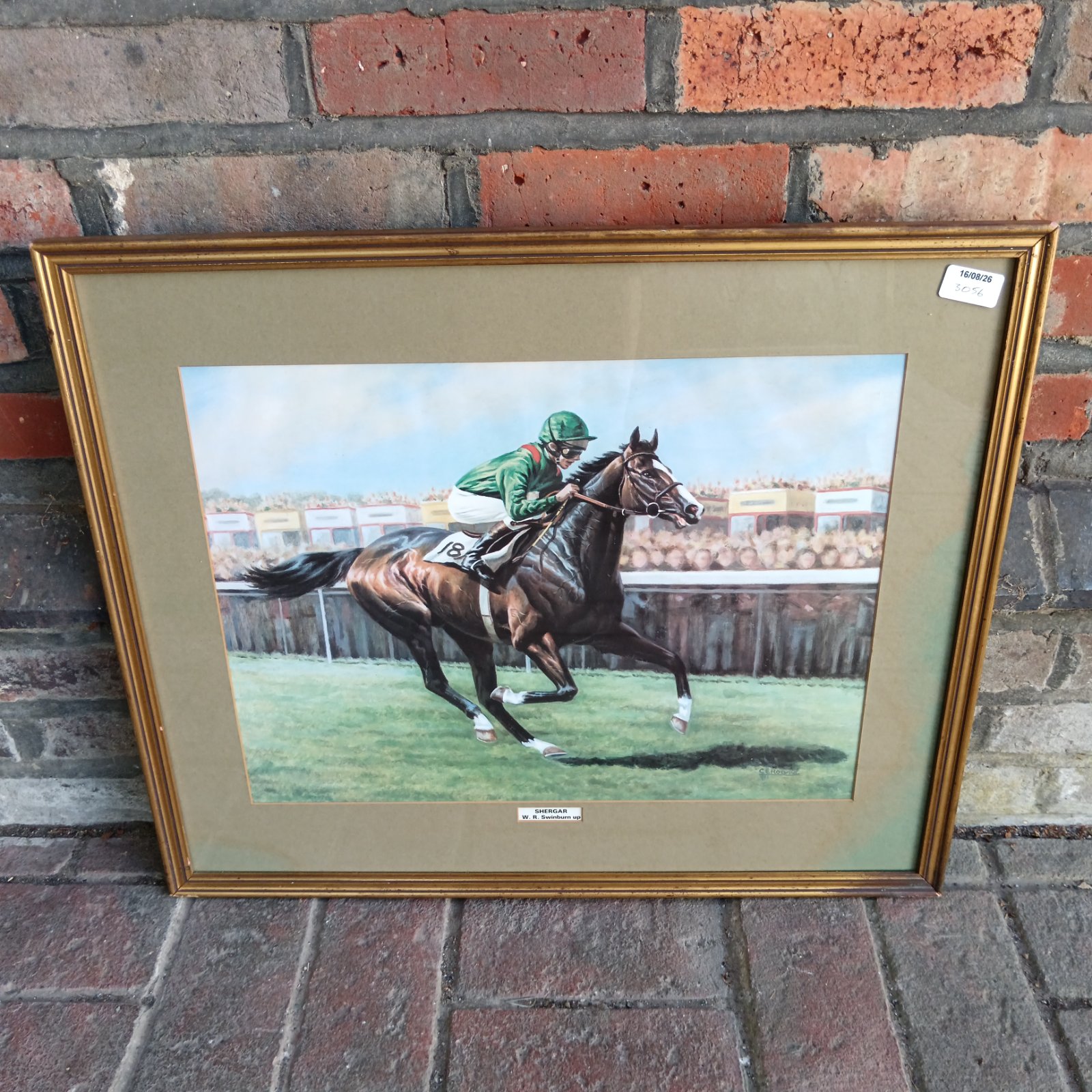 Framed Shergar racehorse print by W R Swinburn, vintage equestrian art.