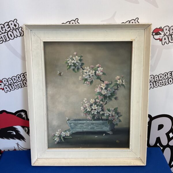 Vintage Shiel apple blossom still life painting in a framed setting.