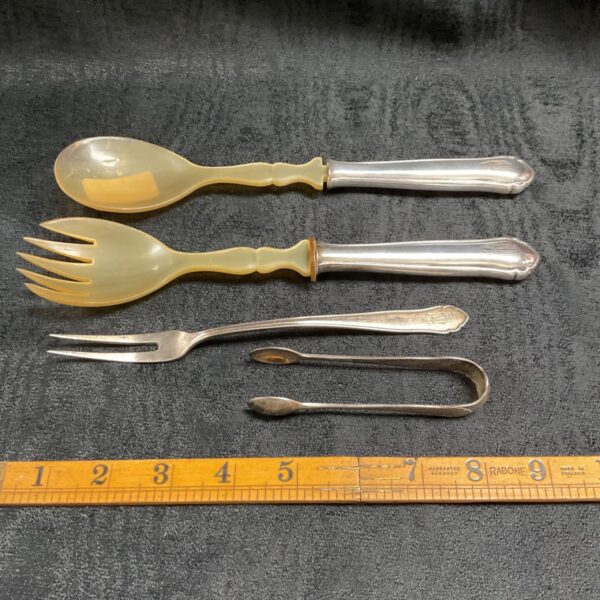Antique 900 silver salad server set with horn handles.