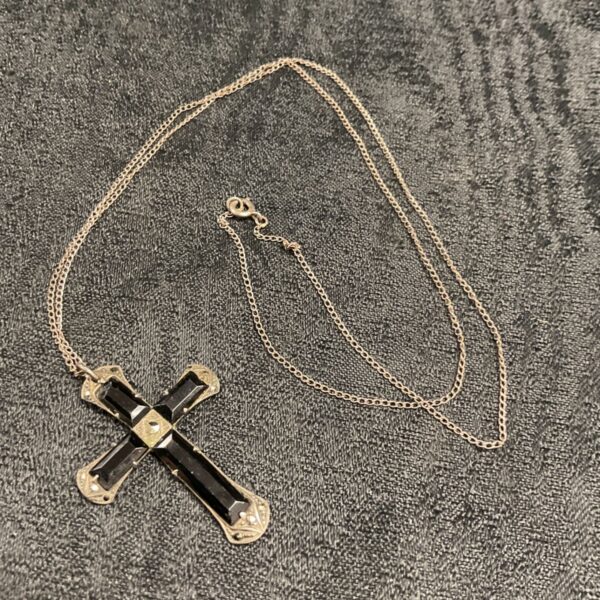 Vintage silver marcasite onyx cross pendant on sterling silver chain.