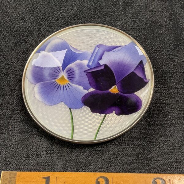 Vintage silver pin dish with colourful enamelled pansy flowers.