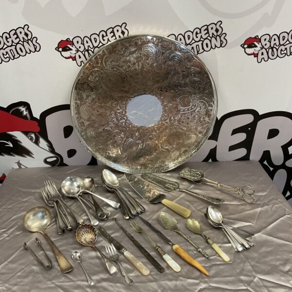 Vintage silver plate cutlery and tray lot, featuring Barker Ellis tray.