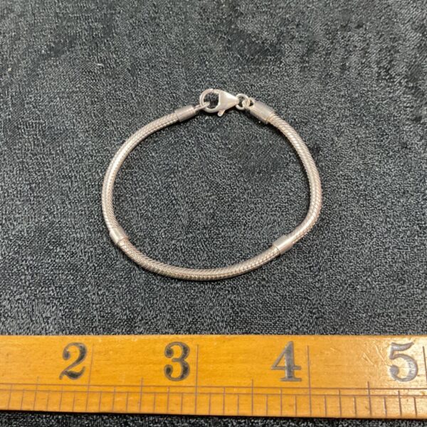 Delicate silver snake chain bracelet with a secure clasp.