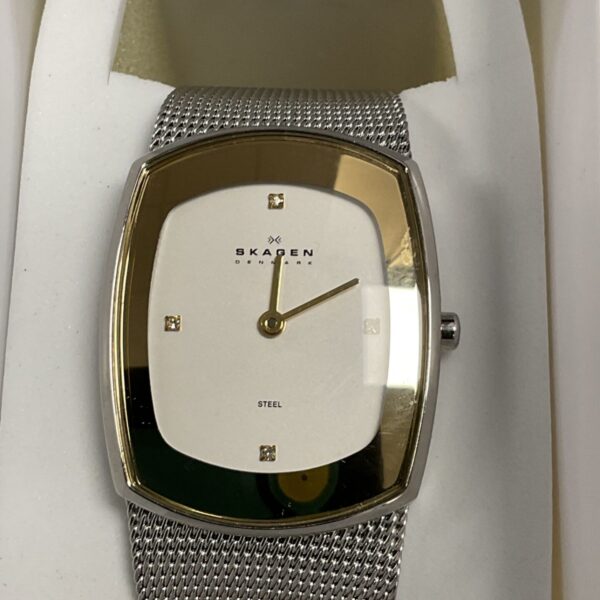 Close-up of Skagen Denmark ladies wristwatch with steel mesh band.