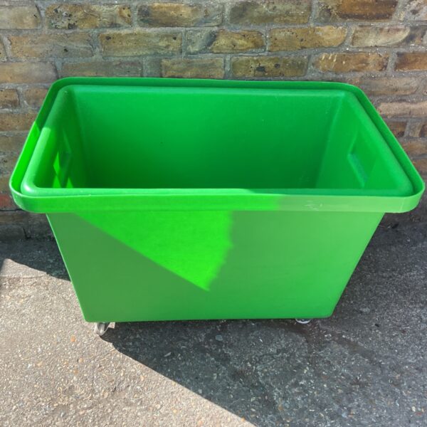 Green Slingsby mobile plastic container with castors for easy storage.