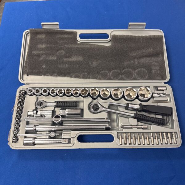 New socket set with 1/2 and 1/4 inch drives in a case.