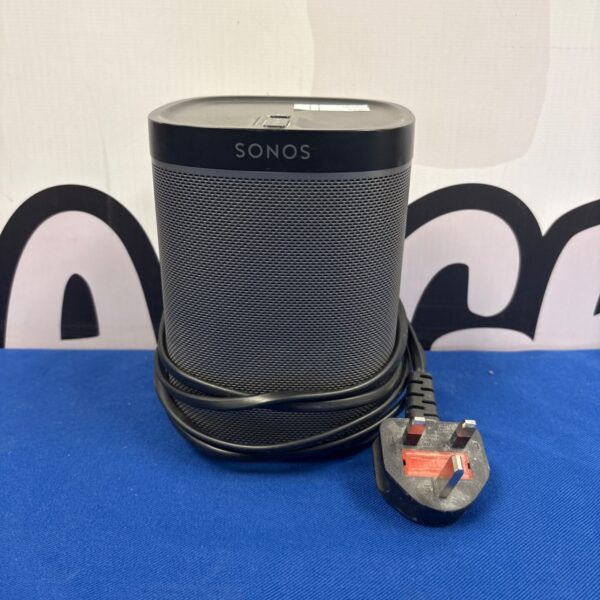 Black Sonos Play1 smart speaker with power cable.