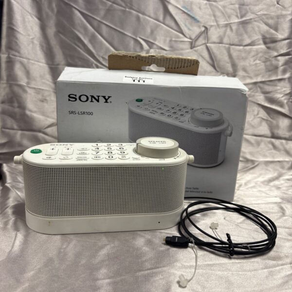 Sony SRS-LSR100 wireless TV speaker with controls visible.
