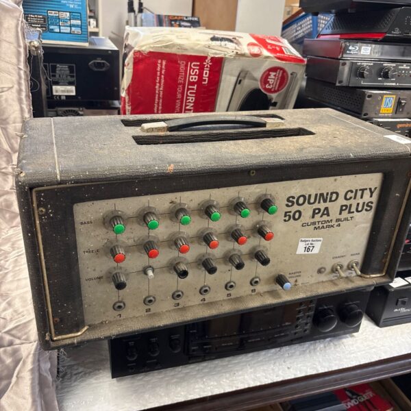 Vintage Sound City 50 PA Plus Mark 4 valve amplifier front view.
