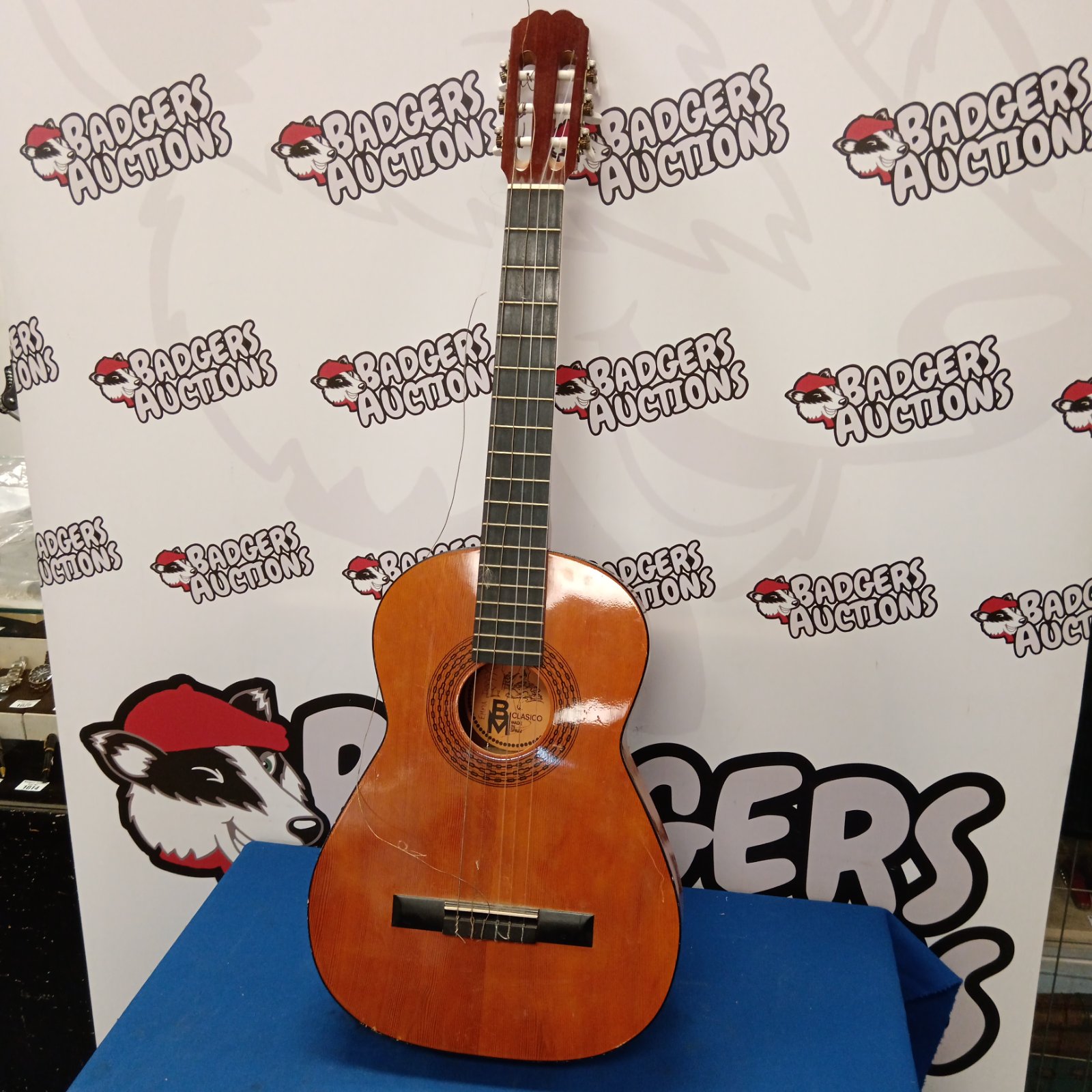 Front view of a vintage BM Clasico Spanish acoustic guitar.