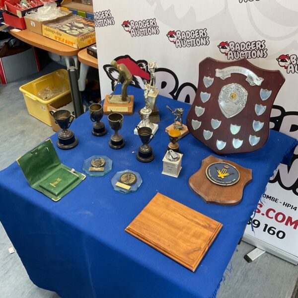 Collection of vintage sporting trophies and cups on display.