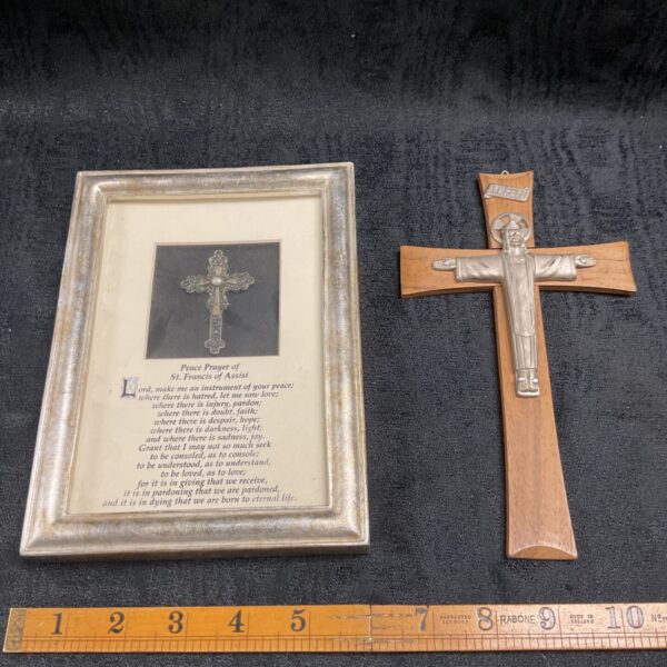 Framed St. Francis prayer and wooden crucifix, vintage devotional art.