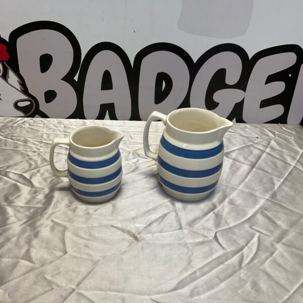 Vintage Staffordshire creamer jug with blue and white stripes.