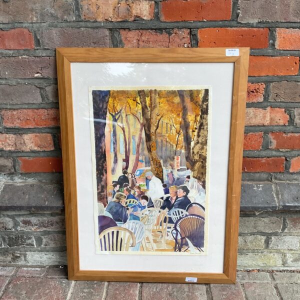 Signed Stuart Thompson watercolour painting of a continental cafe scene.