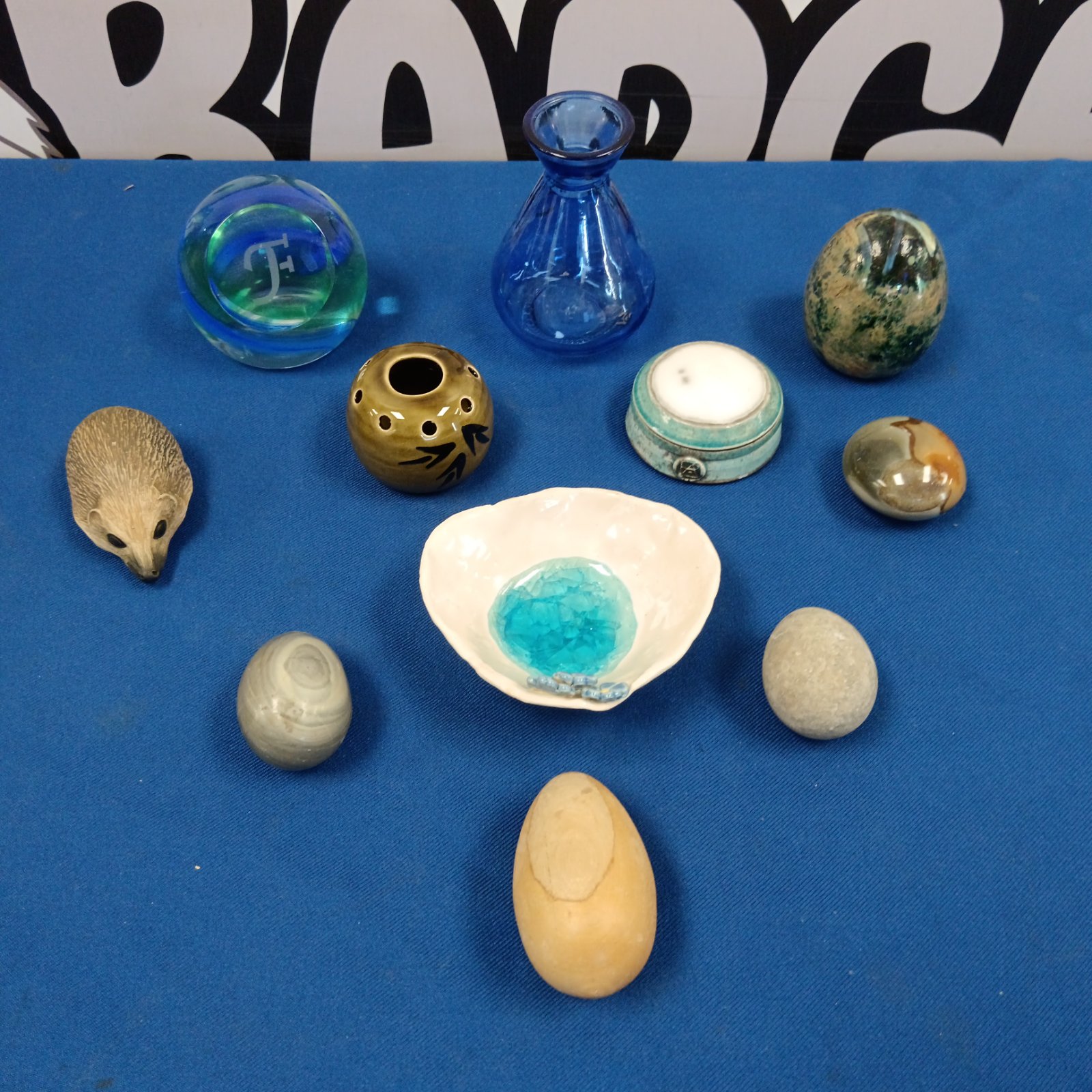 Studio pottery and stone eggs collection, decorative objects.