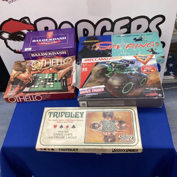 Balderdash tabletop game box in a lot of vintage games.