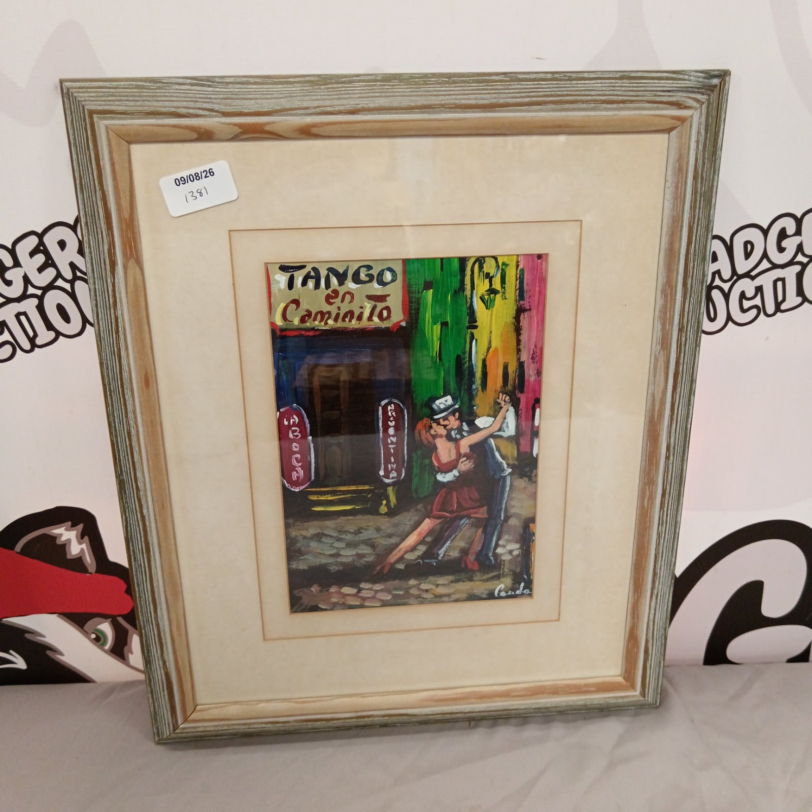 Vibrant oil painting of tango dancers in Caminito, Buenos Aires.
