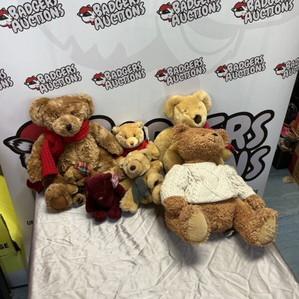 Collection of vintage teddy bears including Cunard and Fruity Bears.