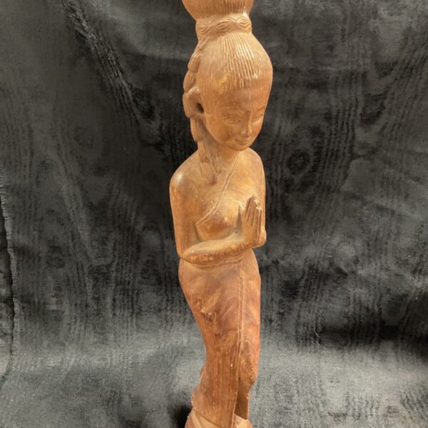 Antique Thai Sawasdee lady carving, hardwood sculpture, Thai art.