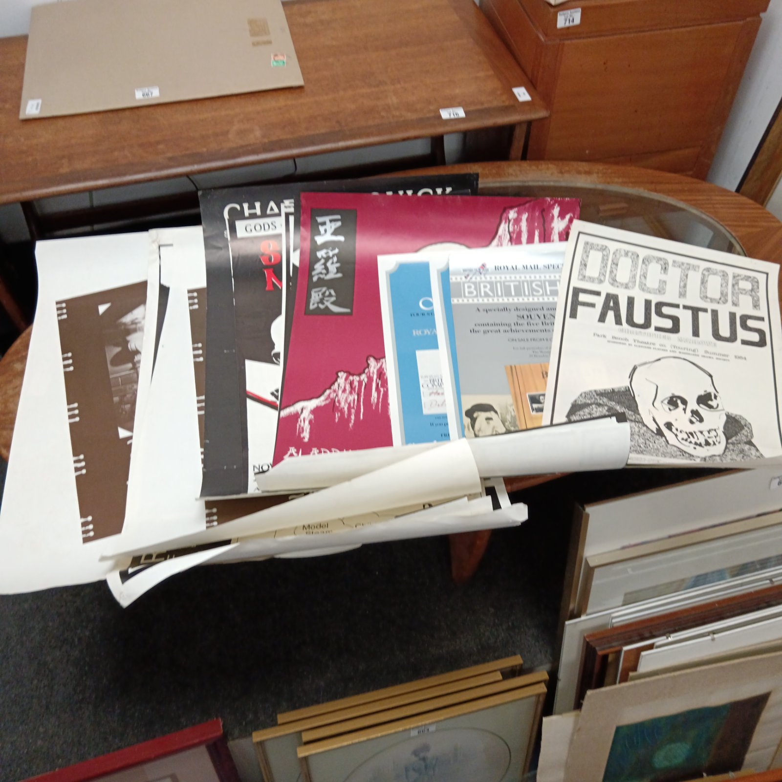 Vintage theatre posters including Doctor Faustus and Japanese Aladdin.