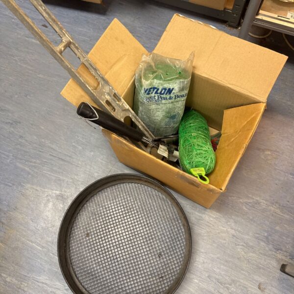 Mixed tool and hardware lot with sieve and netting.