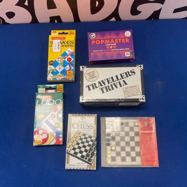 Vintage travel games lot including Ludo, Chess, and Trivia.