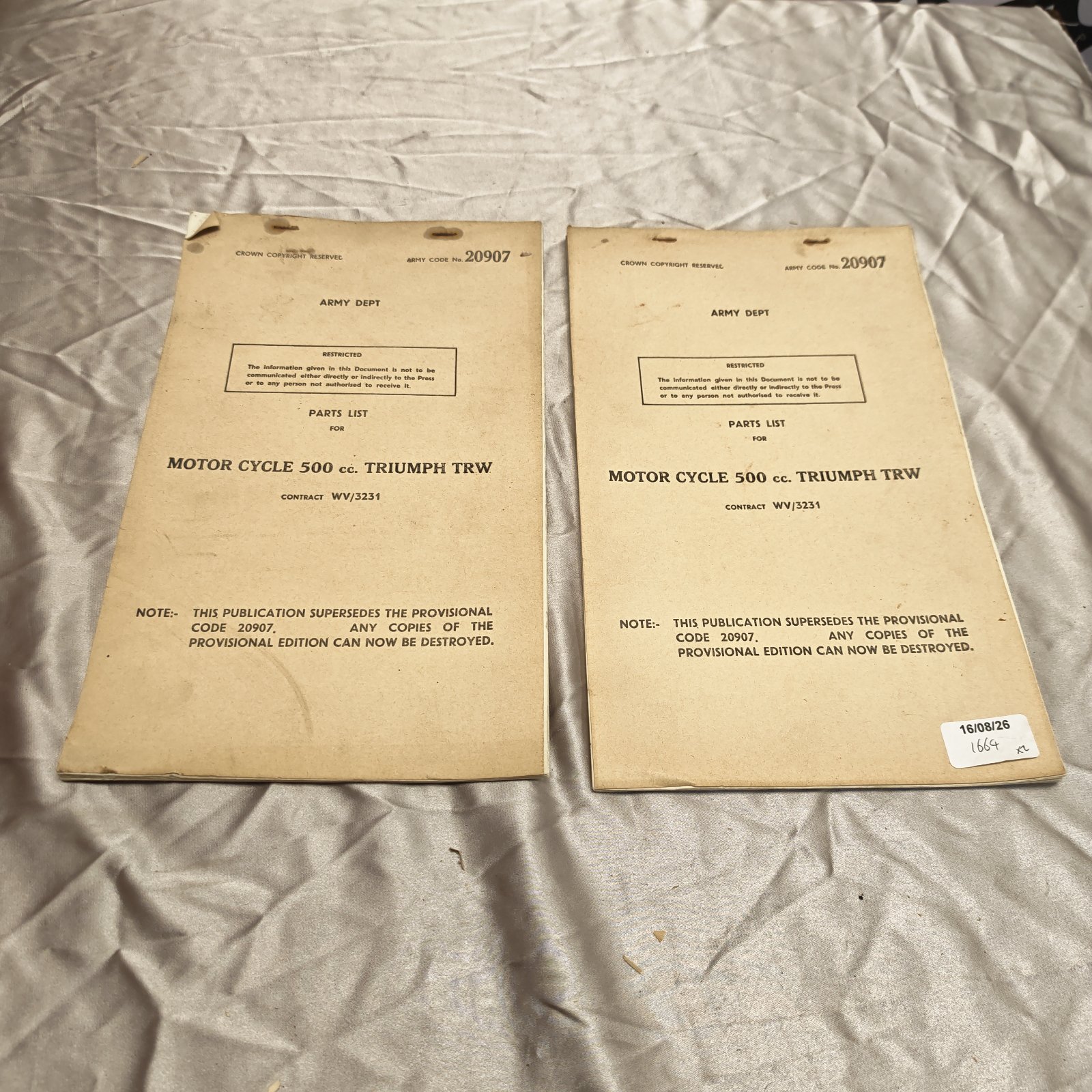 Vintage Triumph TRW 500cc motorcycle parts list book cover.