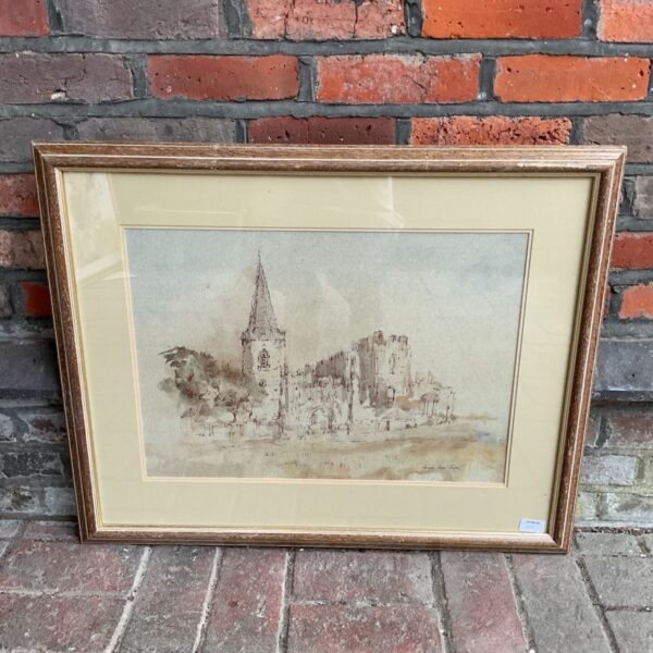 Framed watercolour painting of a castle by Gerald Edwin Robert Tucker.