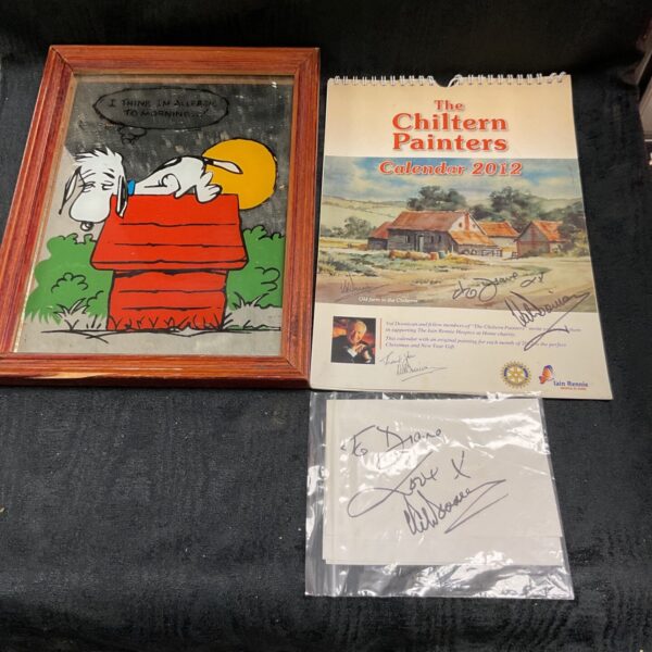 Val Doonican signed 2012 calendar and Snoopy mirror collectible lot.