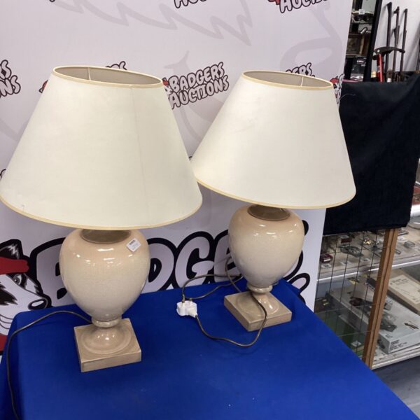 Pair of vintage Valsan porcelain table lamps with pleated shades.