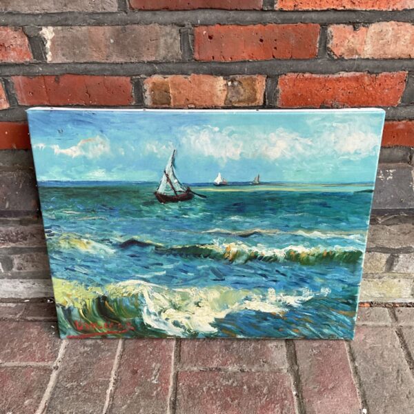 Van Gogh seascape reproduction print with boats on the water.