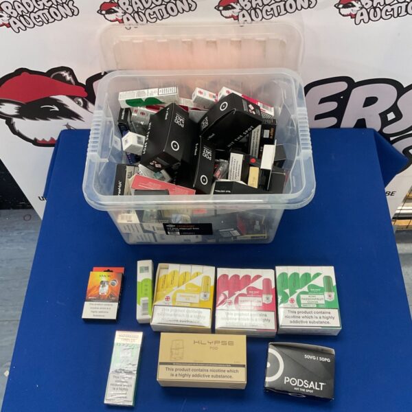 Mixed lot of vape refill liquid and pods for vaping devices.