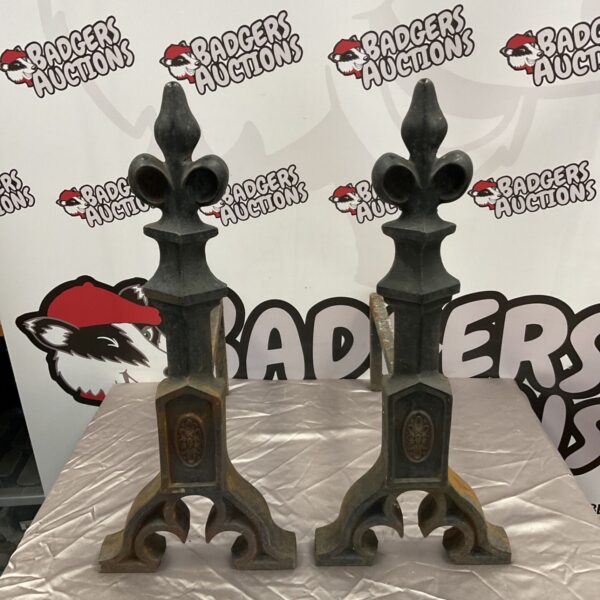 Antique Victorian fire dogs with Fleur de Lis finials for fireplace.