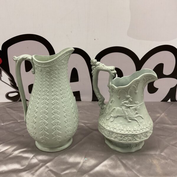 Antique Victorian jug with argyle pattern and pastoral scene.