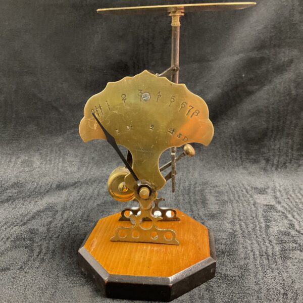 Victorian Parkins and Gott brass letter scales on wooden base.