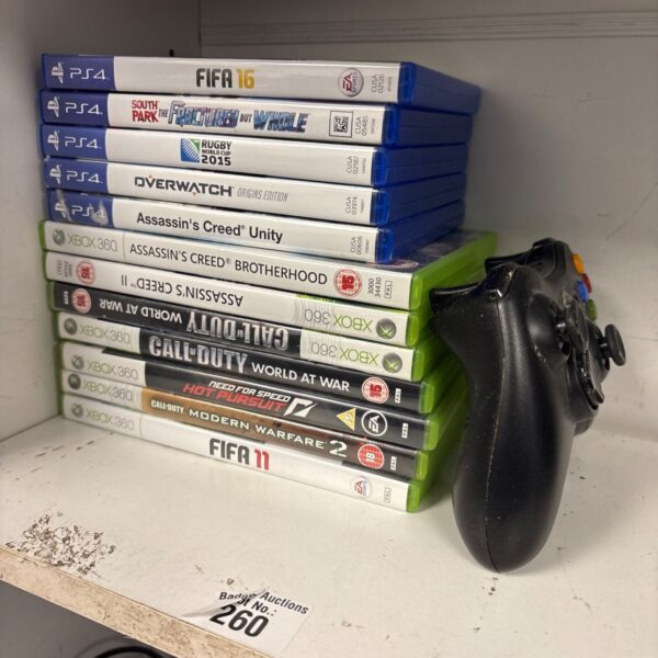 Mixed lot of Xbox 360 and PS4 video games with controller.