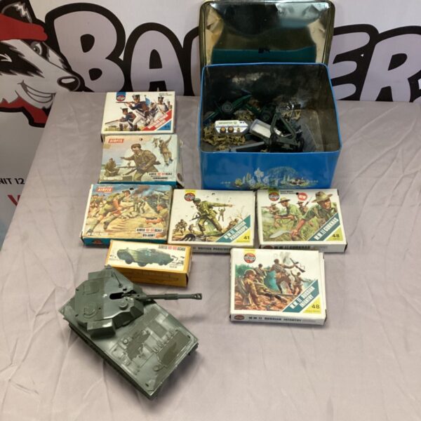 Vintage Airfix model kits tin with various model boxes visible.