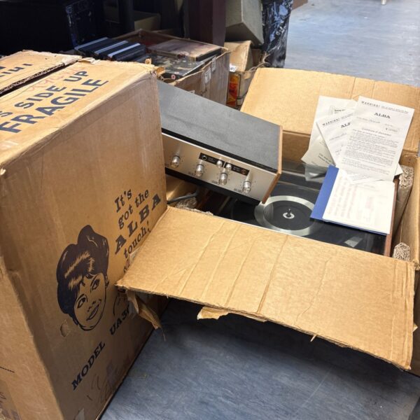 Vintage Alba record player with tuner and speakers in need of restoration.