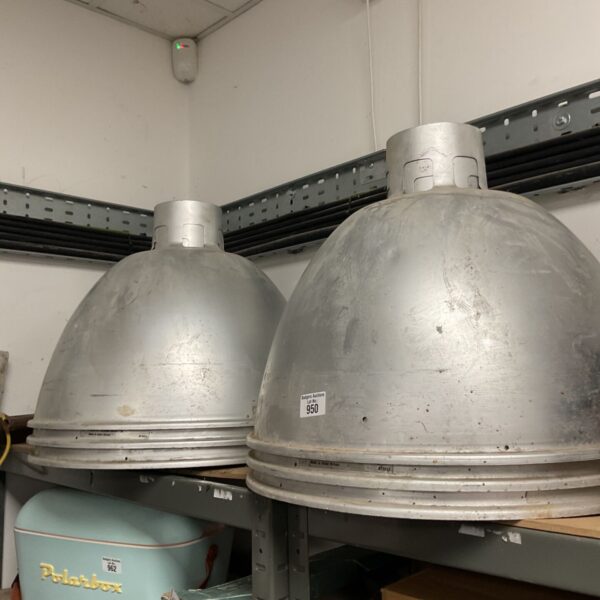 Vintage brushed aluminum industrial light shade with a dome shape.