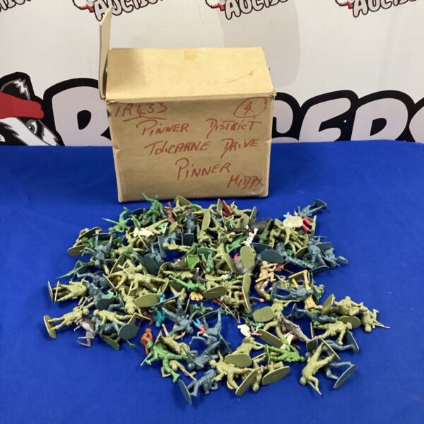 Box of vintage plastic army men, collectible toy soldiers.