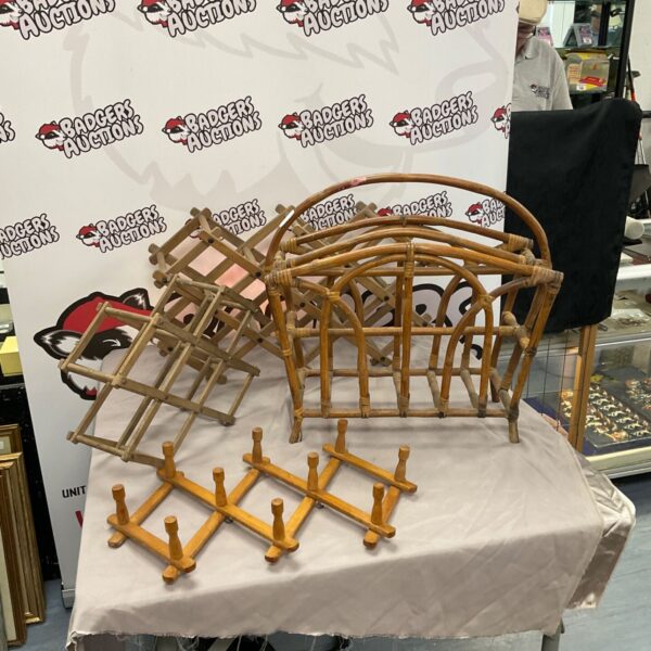 Vintage bamboo magazine rack with wine and cup holders.