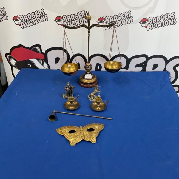 Vintage brass balance scales with butterfly mask, antique collectible.
