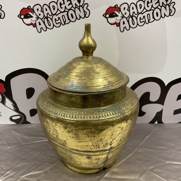 Vintage brass urn with banded shoulder, Southeast Asian style.